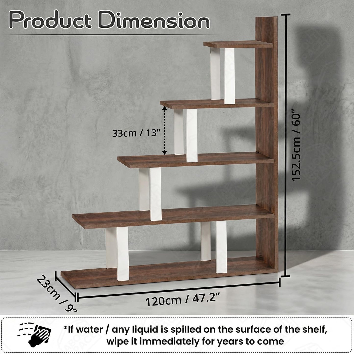 ABOUT SPACE Book Shelf - 5 Tier L-Shaped Unique Step Pattern Book Stand for Home Library, Office Engineered Wood Unit for Bedroom, Living Room (L 100 x B 25 x H 151.5 cm - White & Walnut)