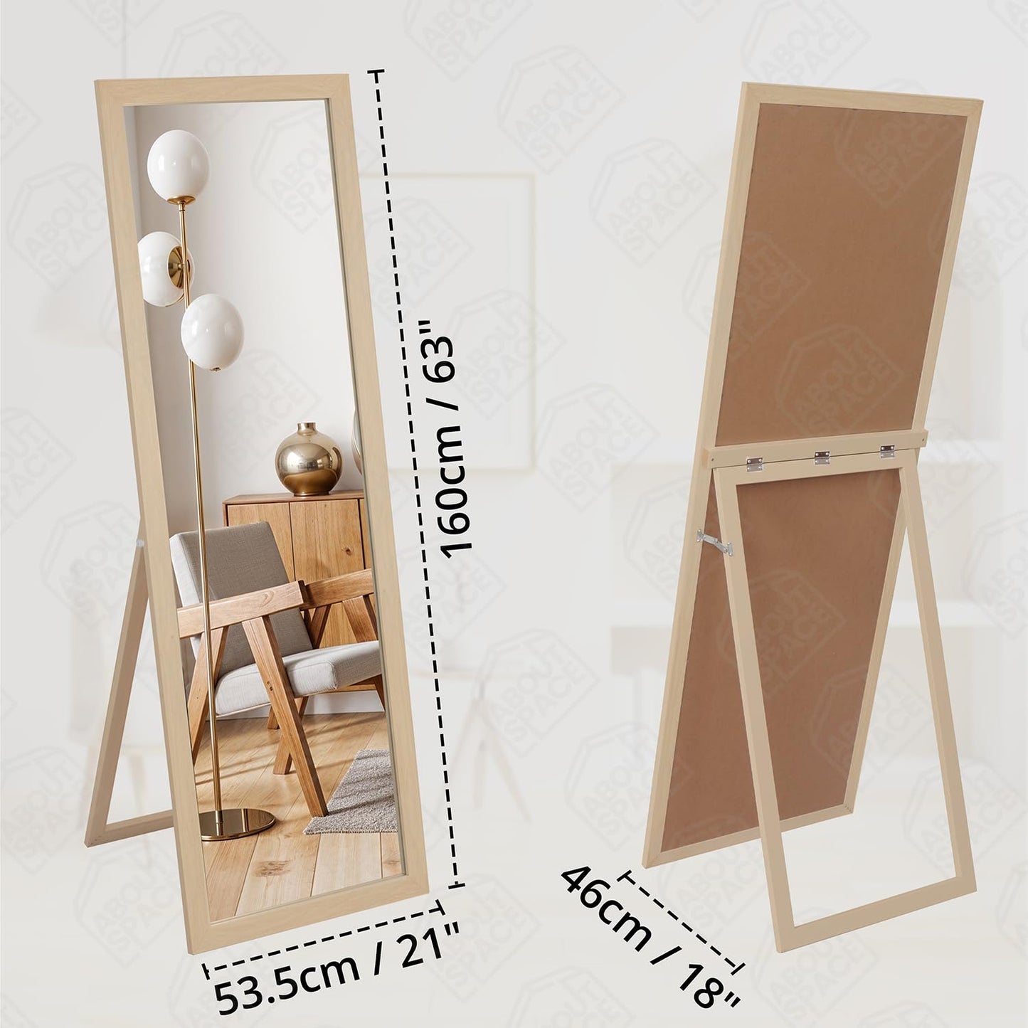 ABOUT SPACE Cheval Mirror for Wall - 5 Feet Unbreakable Mirror for Bedroom | Full Length Tempered Glass with Stand Sturdy MDF Frame Vertical Display for Living Room, Bedroom - Natural