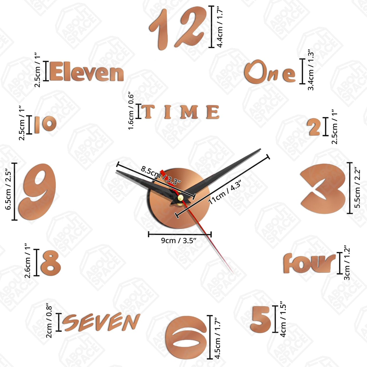 ABOUT SPACE Wall Clock - DIY Wall Sticker Clock Self Adhesive, Non-Ticking, Frameless, Acrylic Analog Watch Adjustable Size for Living Room, Bedroom, Office (Brown - Numbers, Words)