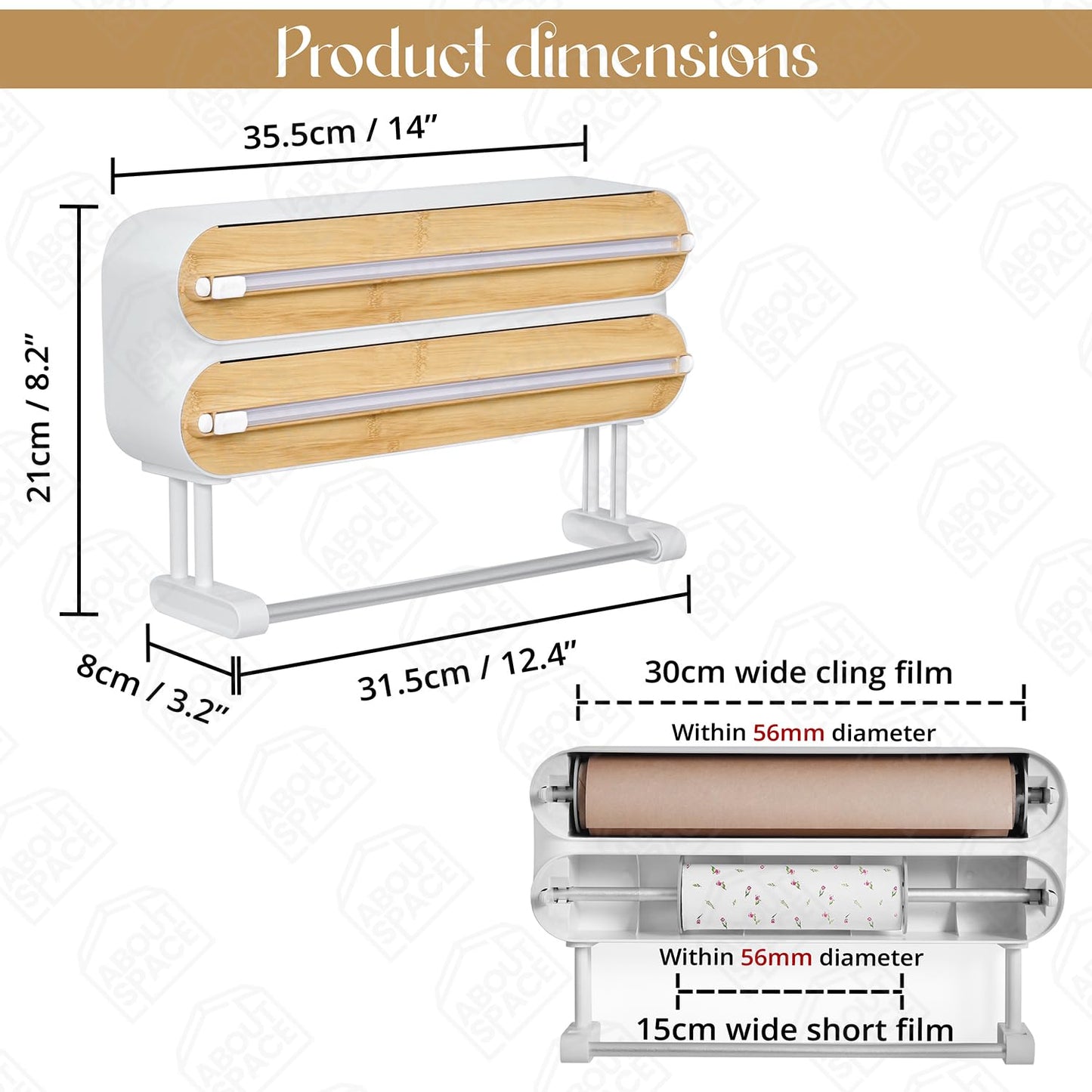 ABOUT SPACE Magnetic Wrap Dispenser with Cutter - 4 in 1 Wall Mounted Wrap Holder with Cutter & Storage Kitchen Tissue Roll Holder Plastic/Cling Wrap Dispenser - Bamboo(L 35.5 x B 8 x H 21 cm)