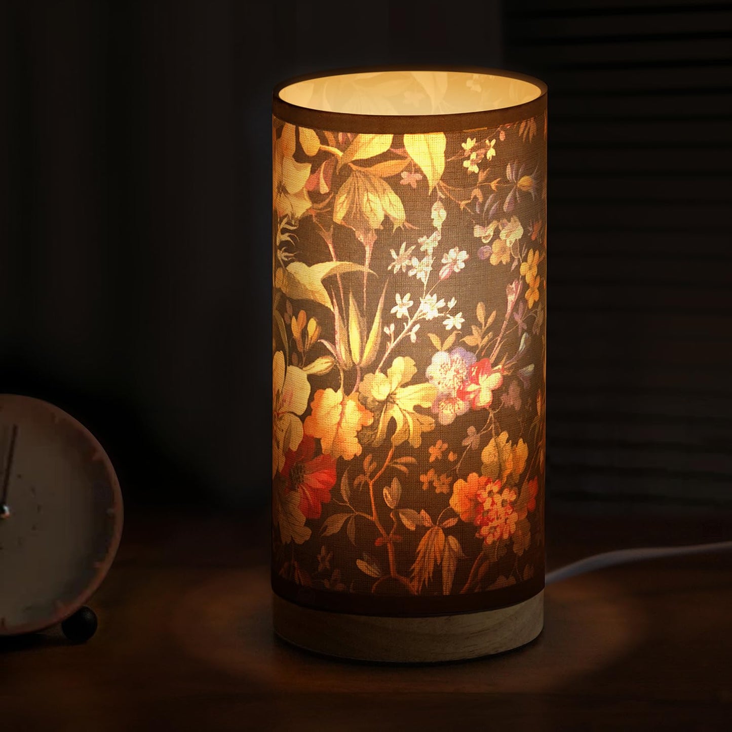 ABOUT SPACE Night Lamp - Linen Themed Bedside Reading Lamp with Wooden Base for Night, Bed Room, Living Room, Home & Decor- Drum Lamp Shades for Living Room with Light (Bulb Included)