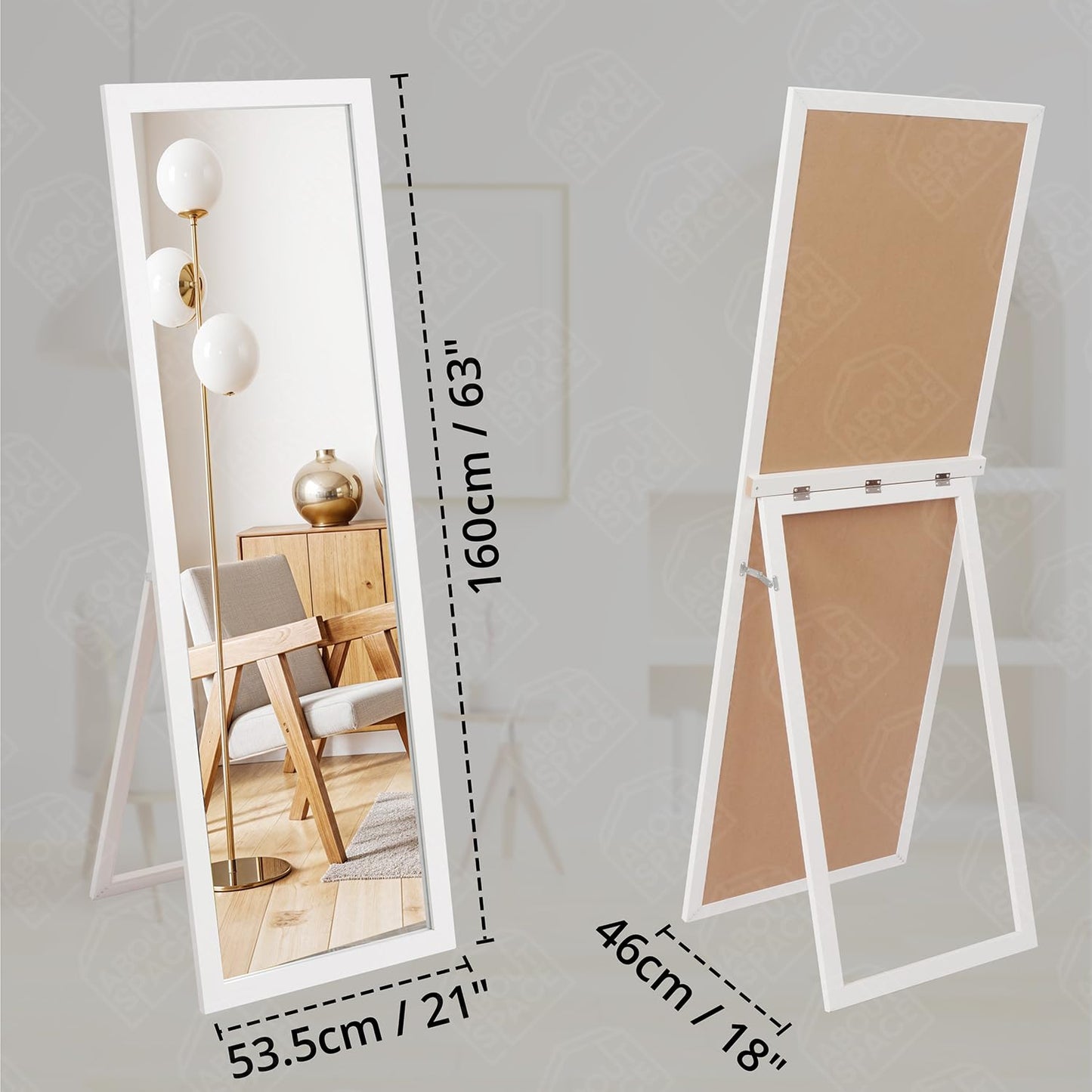 ABOUT SPACE Cheval Mirror for Wall - 5 Feet Unbreakable Mirror for Bedroom | Full Length Tempered Glass with Stand Sturdy MDF Frame Vertical Display for Living Room, Bedroom - White