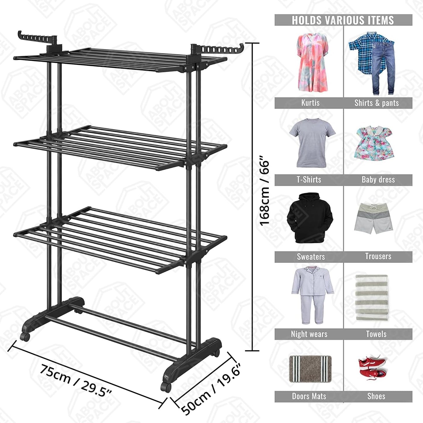 ABOUT SPACE 6 ft Clothes Drying Stand - 3 Layer Foldable Cloth Dryer Stand, Portable with Castor Wheels, 24 Hanger Rods & 2 Wings - Anti Rust Steel Double Pole (Black - L 75 x B 50 x H 168 cm)