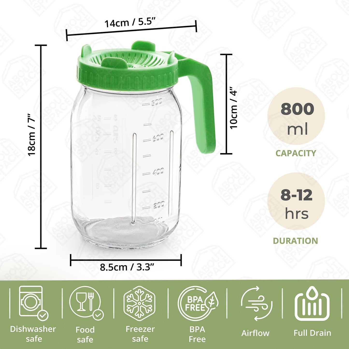 ABOUT SPACE Sprout Maker - 800ml Glass Jar with Air Ventilation Mesh Lid, Drain Holes & Measurement - Sprouts Container for Fresh Healthy Hygienic Seeds & Beans - BPA-Free Sprouts Box for Diet- Green