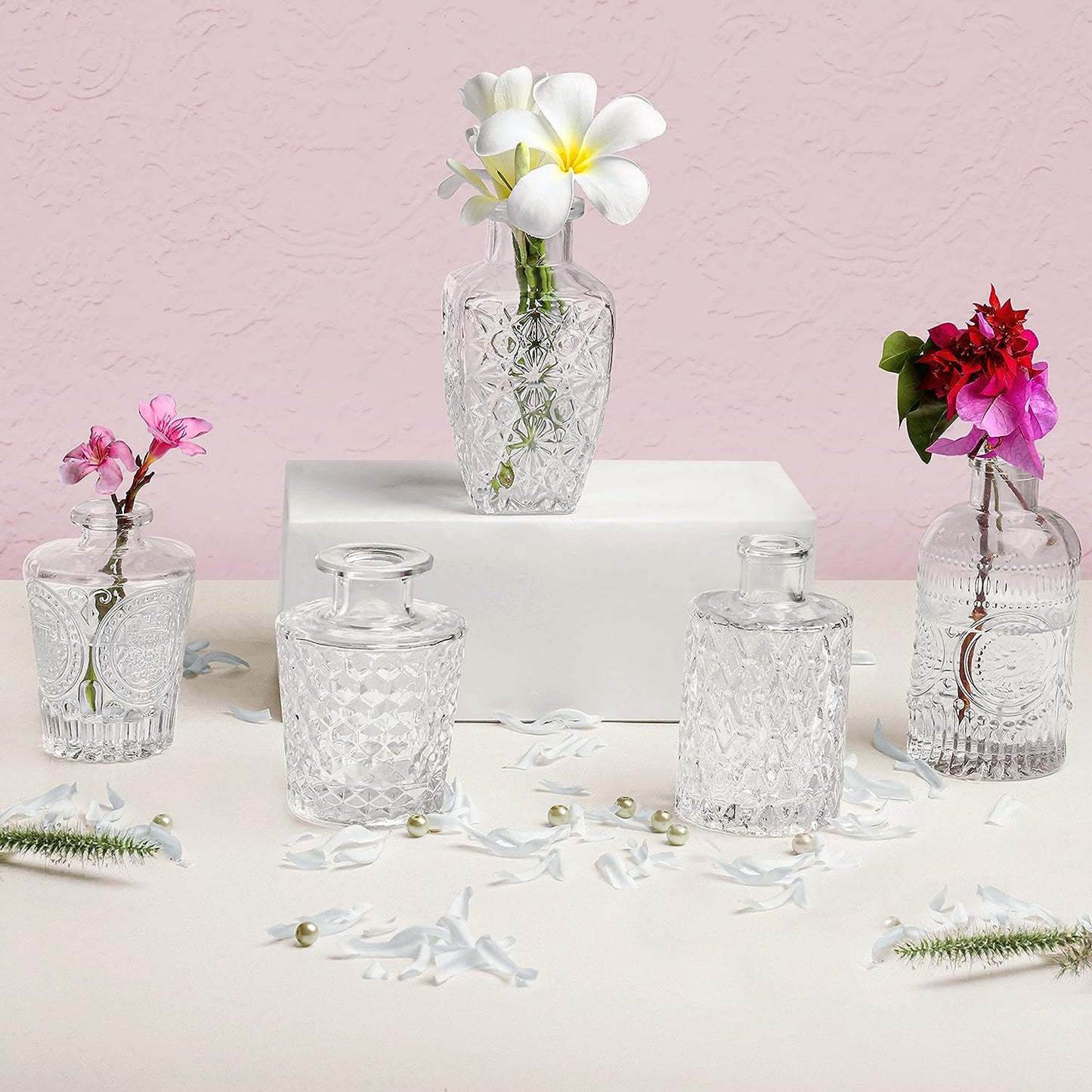 ABOUT SPACE Glass Bud Flower Vase – Pack of 5 Clear Glass Centrepiece for Mini Flowers-Sturdy Textured Scratch Free Antique Collections for Wedding Decorations & Table Top Decor for Home,Restaurants