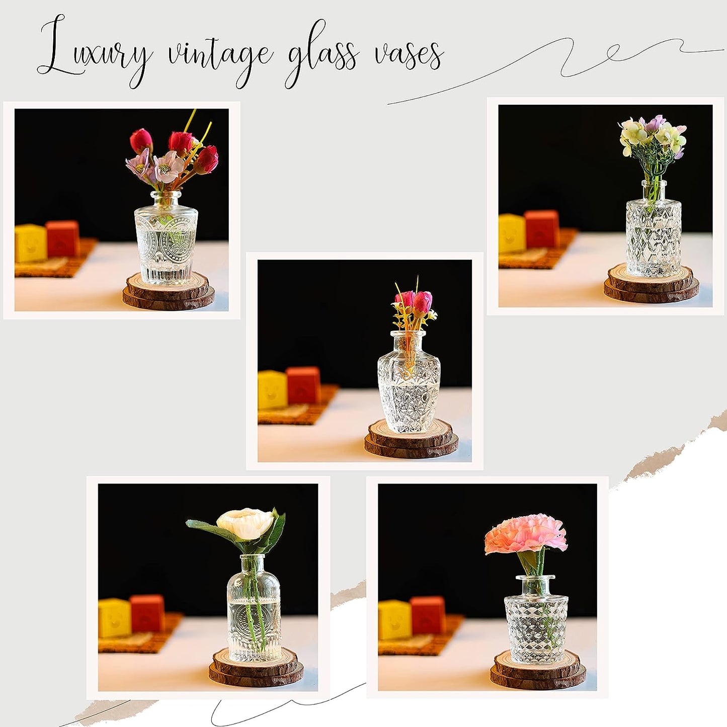 ABOUT SPACE Glass Bud Flower Vase – Pack of 5 Clear Glass Centrepiece for Mini Flowers-Sturdy Textured Scratch Free Antique Collections for Wedding Decorations & Table Top Decor for Home,Restaurants