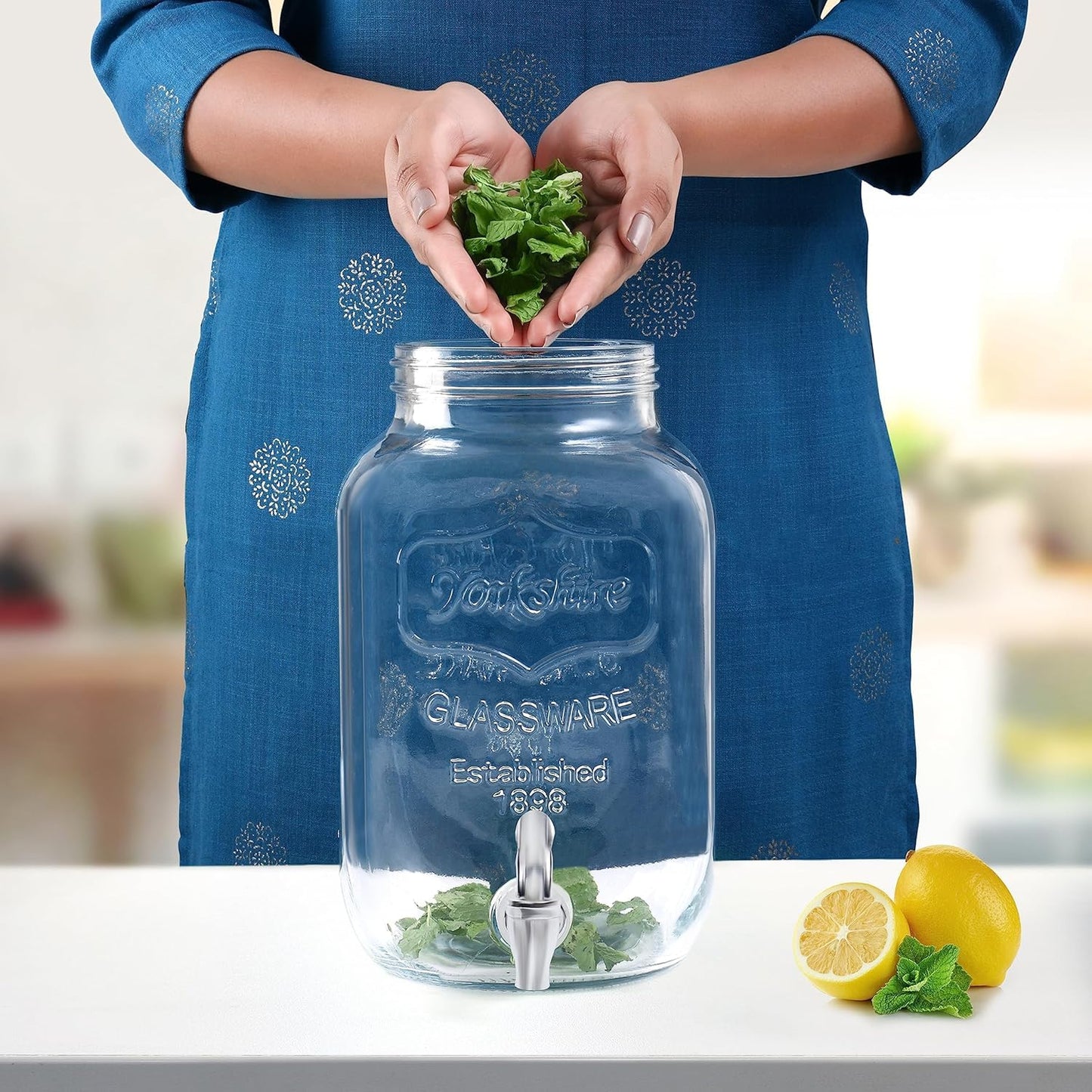 ABOUT SPACE 4 Litre Glass Juice Dispenser - Water Pitcher for Detox Water - Mason Jar - Counter Table Top Infused Water & Beer Dispenser- Air Tight Lid Pitcher for Home & Kitchen Glassware, Restaurant