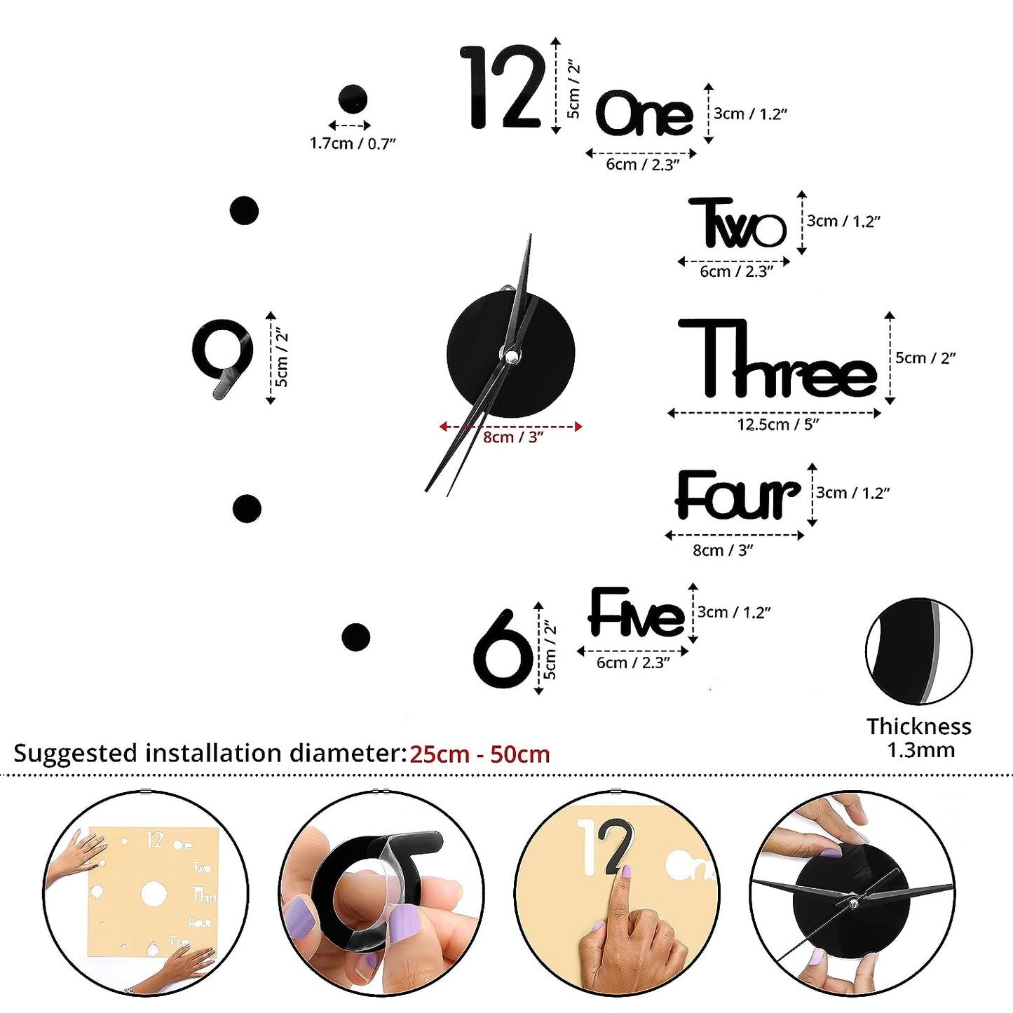 ABOUT SPACE Sticker Wall Clock- DIY 3D Frameless Analogue Self Adhesive (25 cm to 50 cm, Black)