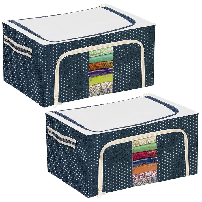 ABOUT SPACE 2 Pack Cloth Storage Box 24 Ltr - Oxford Fabric Clothes Foldable Organiser for Wardrobe with Clear Window - 2 Way Opening Closet Organizer with Handles - Saree Covers/Bags with Zip (Blue)