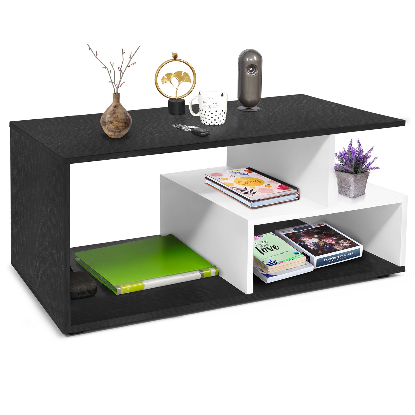 ABOUT SPACE Coffee Table - Portable Wooden Centre Table with Storage & Open Rack - DIY Furniture - Sofa Tea Poyee Table for Living Room, Home, Office Tea Table(Black Mahogany - L 101 x B 40 x H 47 cm)
