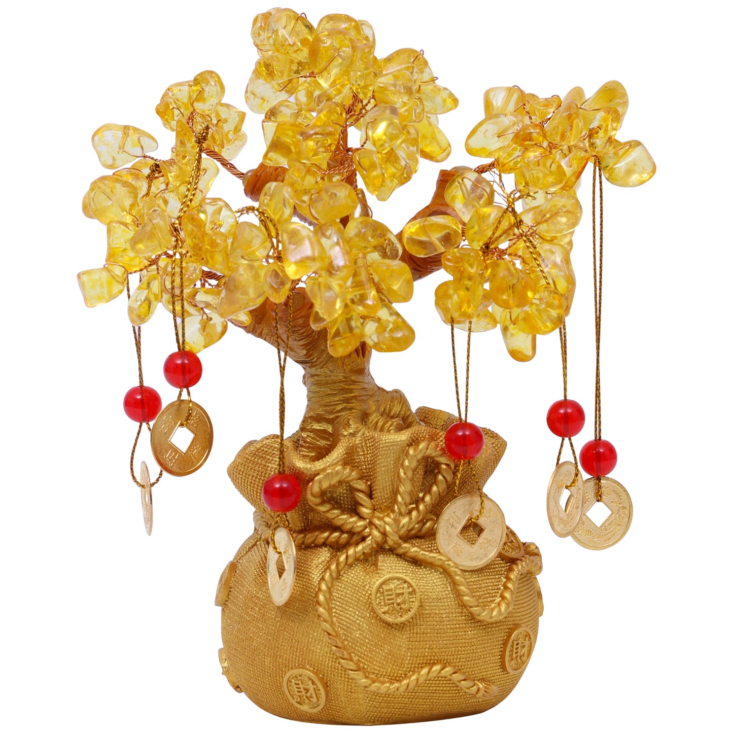ABOUT SPACE Lucky Feng Shui Citrine Tree of Life Bonsai - Gold Crystal Ornaments with Hanging Coin Charms for Health, Wealth and Happiness - Table Decor, Living Room, Office (7 x 3 inch)
