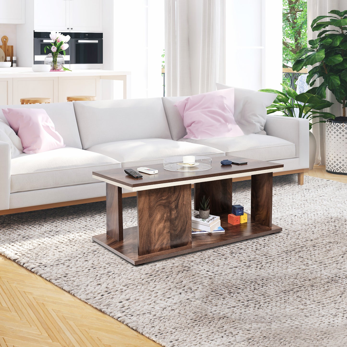 ABOUT SPACE Wooden Coffee Tablewith Storage for Living Room(L 93 x B 45 x H 39 Cm, Walnut)