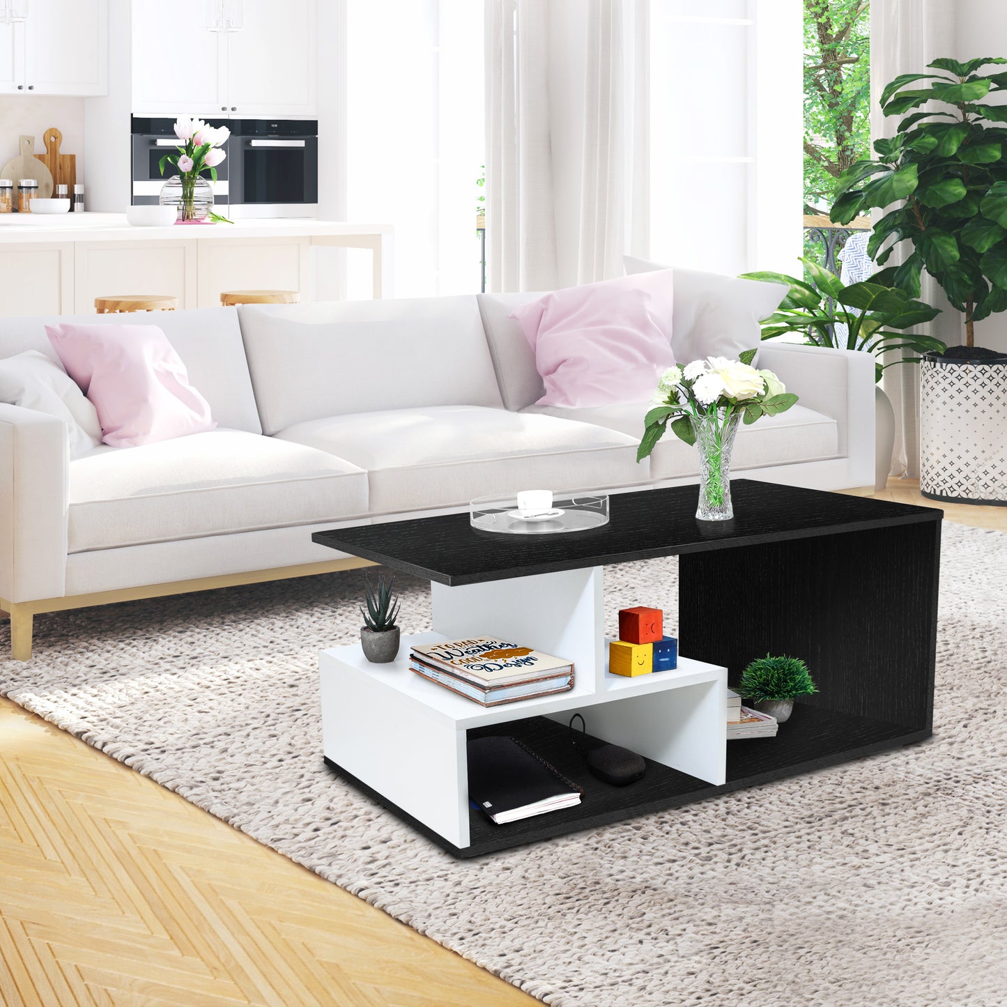 ABOUT SPACE Coffee Table - Portable Wooden Centre Table with Storage & Open Rack - DIY Furniture - Sofa Tea Poyee Table for Living Room, Home, Office Tea Table(Black Mahogany - L 101 x B 40 x H 47 cm)