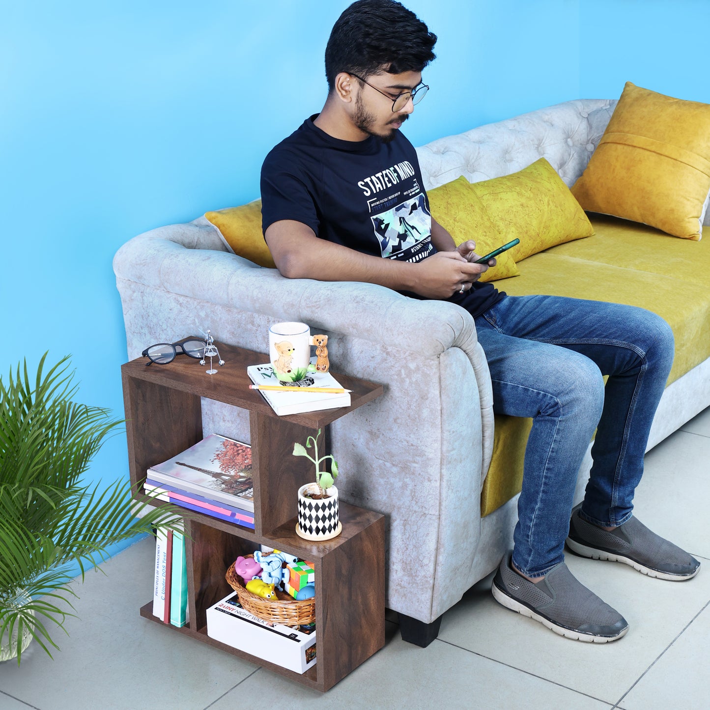 ABOUT SPACE Wooden Side Table - Wall Mounted Night Stand & End Table Organizer-S Shaped Storage Organiser (L 47 x B 20 x H 56 cm,Brown)