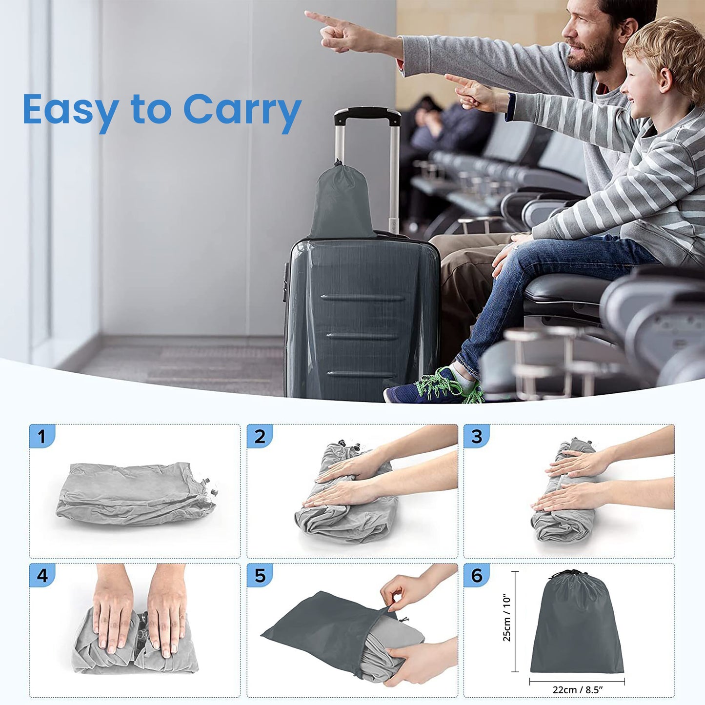 ABOUT SPACE Travel Foot Rest Pillow - Inflatable Foot Rest with Drawstring Carry Bag (Pack of 1 - Grey) L 40 x B 25 x H 46 cm