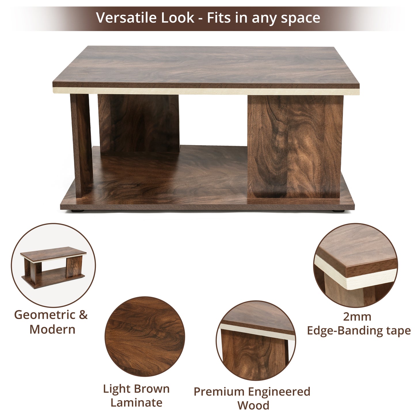 ABOUT SPACE Wooden Coffee Tablewith Storage for Living Room(L 93 x B 45 x H 39 Cm, Walnut)