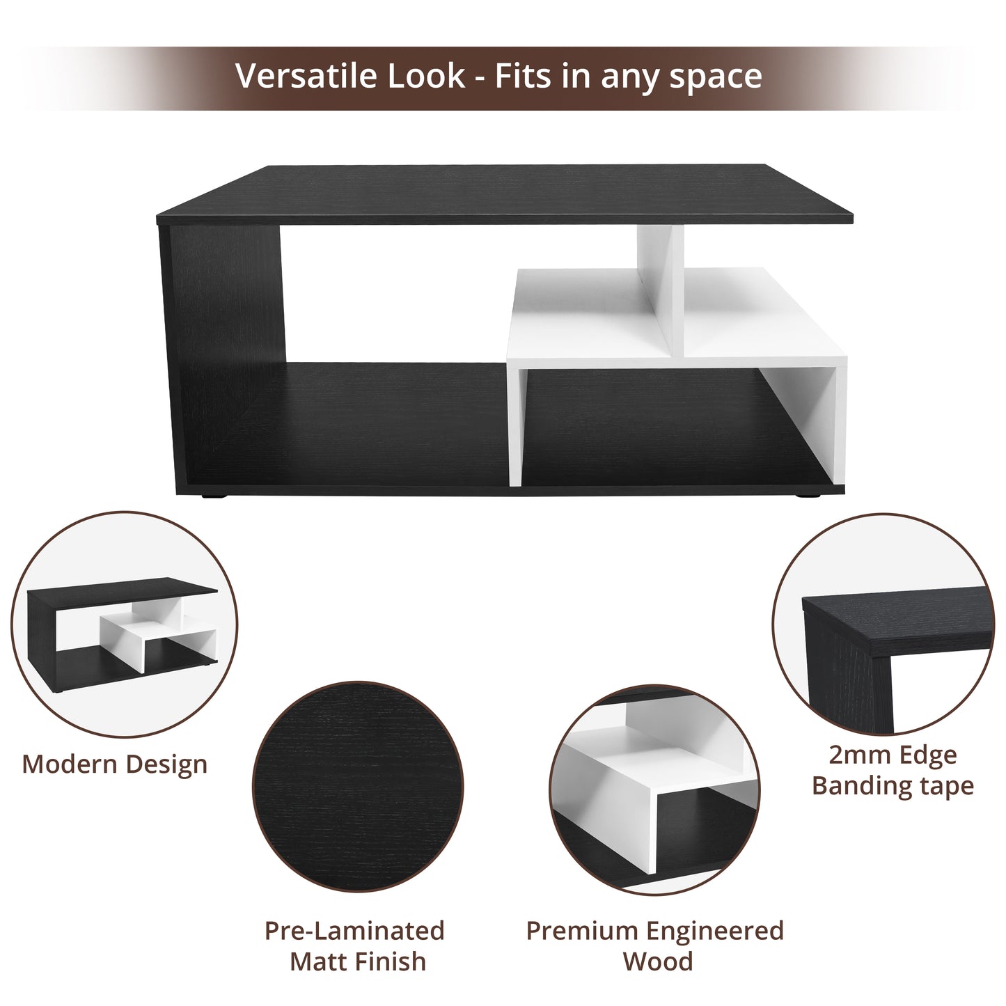 ABOUT SPACE Coffee Table - Portable Wooden Centre Table with Storage & Open Rack - DIY Furniture - Sofa Tea Poyee Table for Living Room, Home, Office Tea Table(Black Mahogany - L 101 x B 40 x H 47 cm)