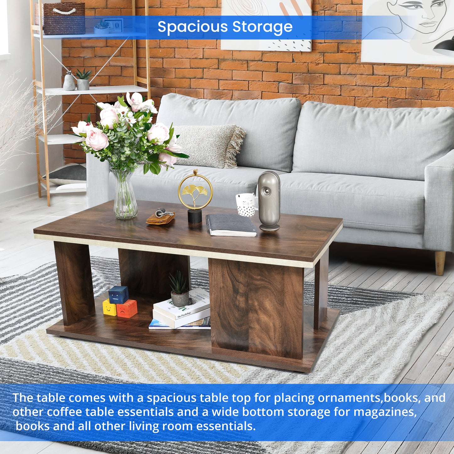 ABOUT SPACE Wooden Coffee Tablewith Storage for Living Room(L 93 x B 45 x H 39 Cm, Walnut)
