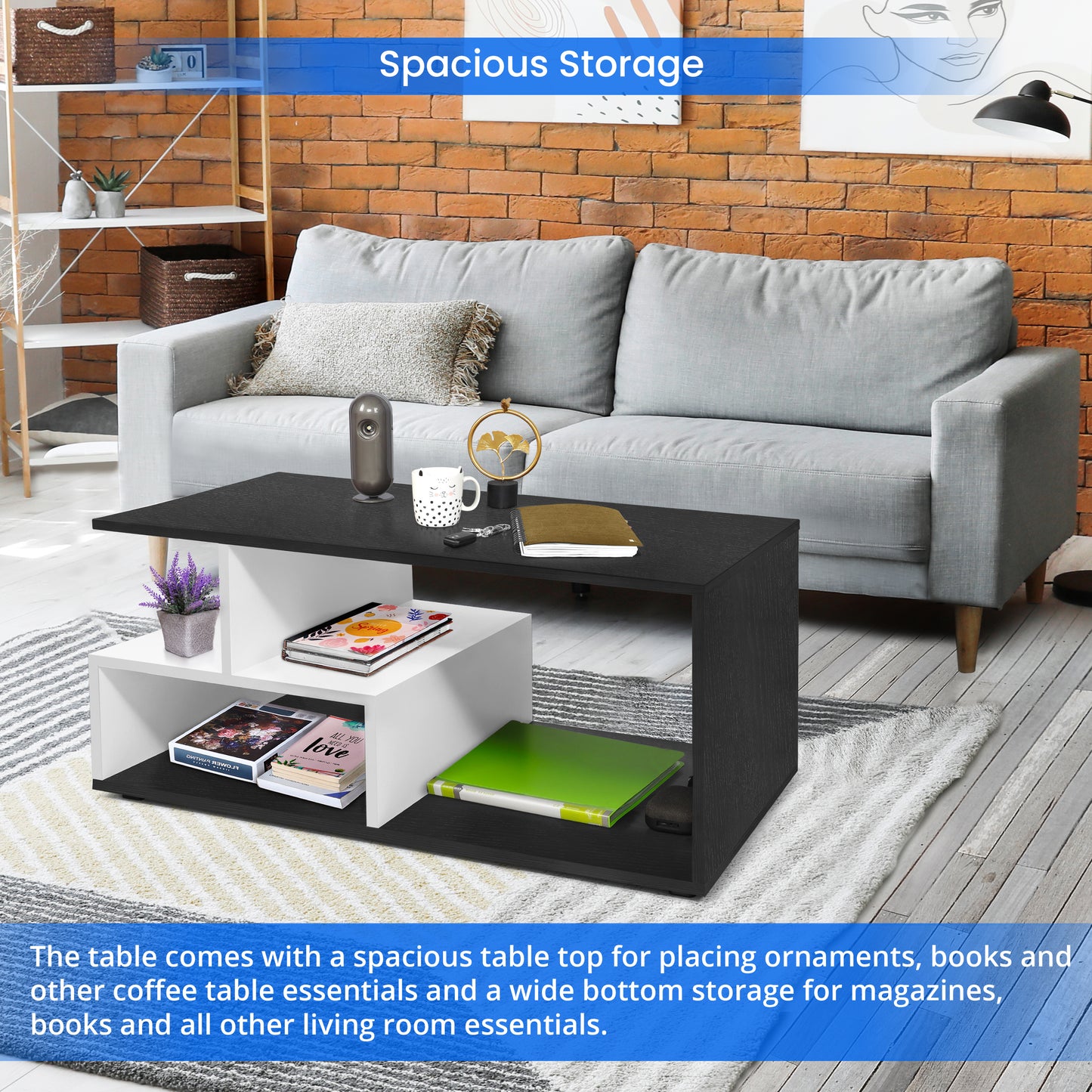 ABOUT SPACE Coffee Table - Portable Wooden Centre Table with Storage & Open Rack - DIY Furniture - Sofa Tea Poyee Table for Living Room, Home, Office Tea Table(Black Mahogany - L 101 x B 40 x H 47 cm)