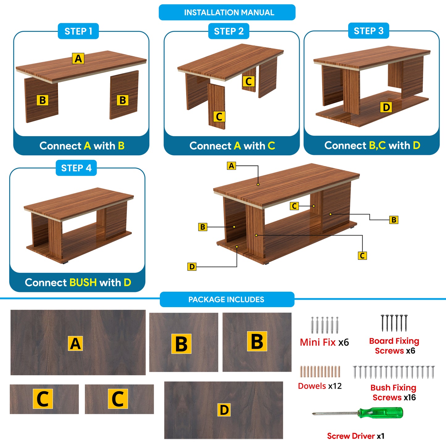 ABOUT SPACE Wooden Coffee Tablewith Storage for Living Room(L 93 x B 45 x H 39 Cm, Walnut)