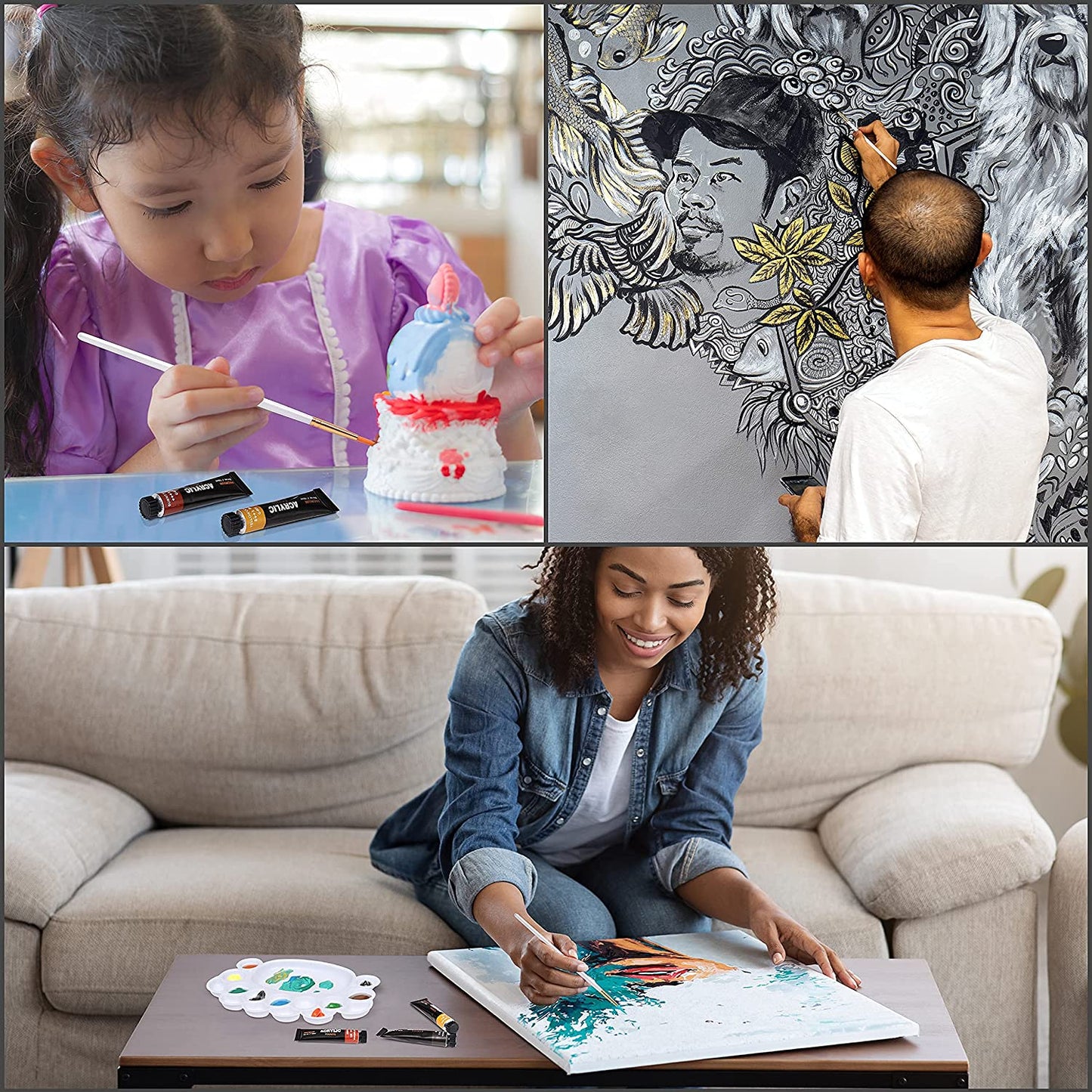 ABOUT SPACE Acrylic Paint Set - (12 colors x 12 ml) Multicolour Non-Toxic Paint Tubes with Mixing Palette & 4 Brushes