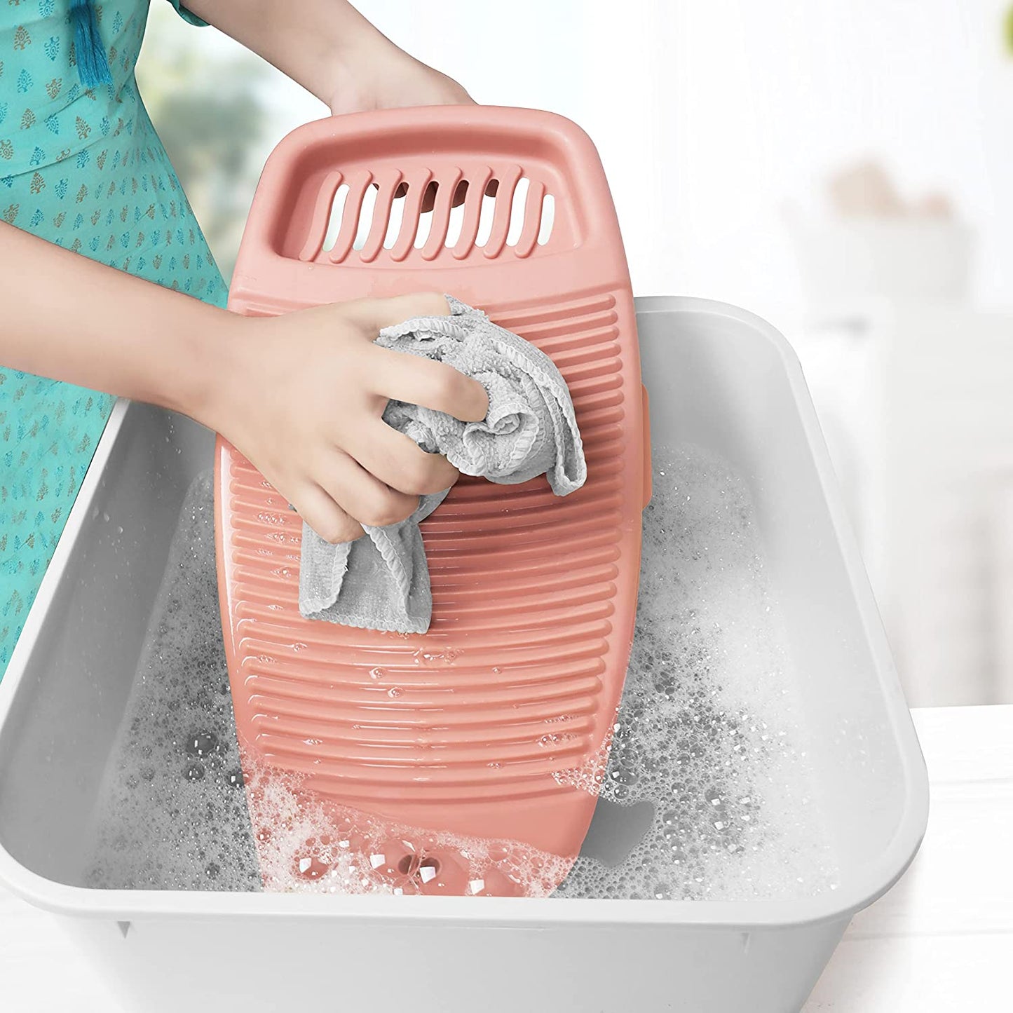 ABOUT SPACE Mini Hand Wash Anti-Skid Laundry Water Saving Washboard Scrubbing Pad with Soap Holder-Peach- 43x21 cm, Polypropylene