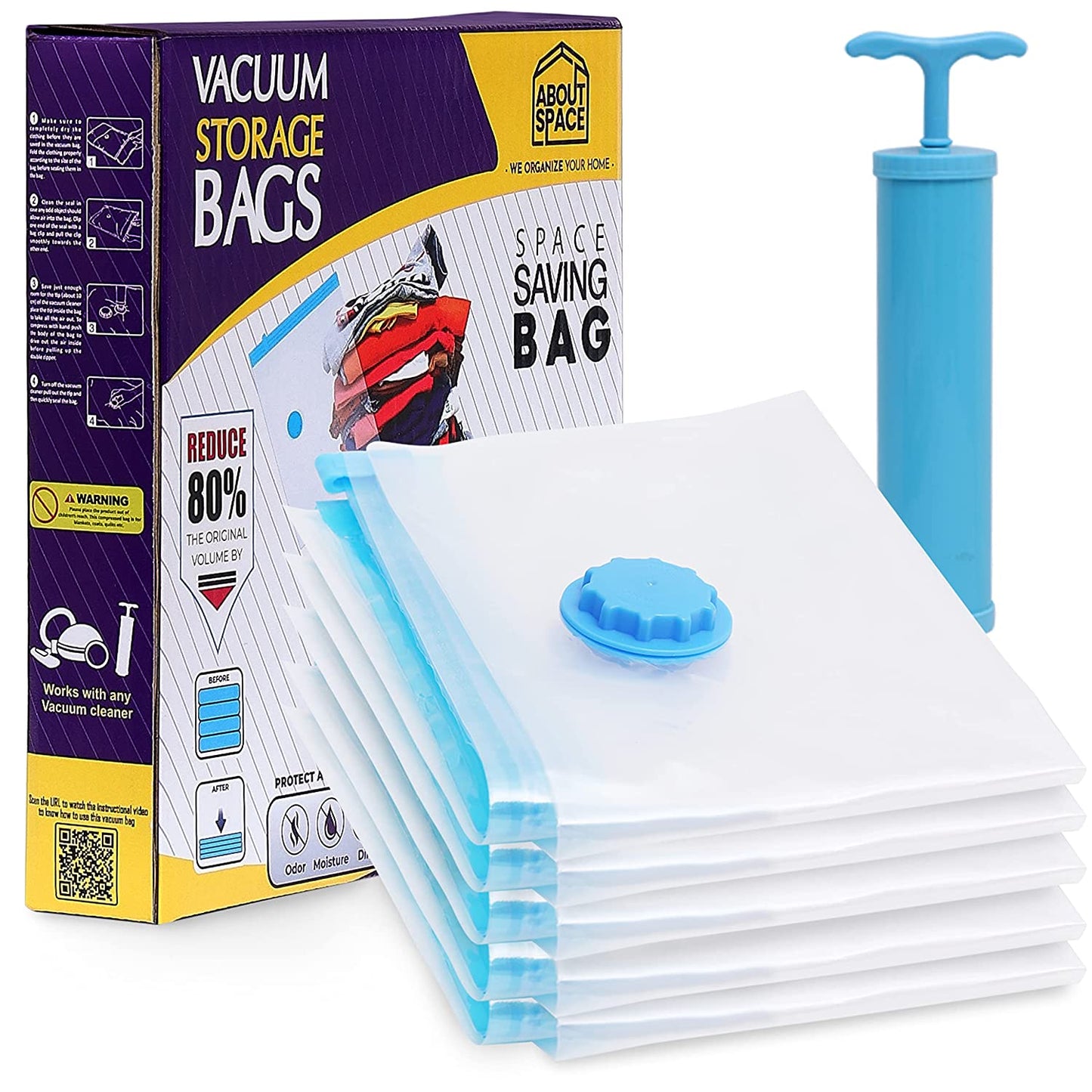 ABOUT SPACE 5 Pack Vacuum Bags for Travel with Hand Pump (1 Large/2 Medium/2 Small)