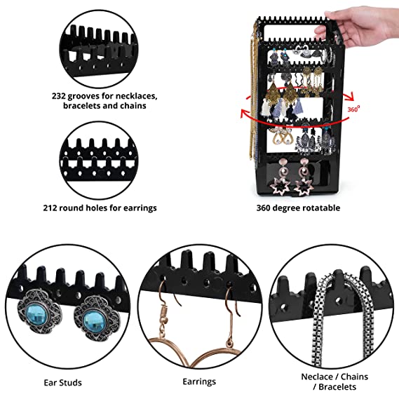 ABOUT SPACE Rotating Earrings Stand Jewelry Display Organiser With 212 Holes 232 Grooves For Hanging Studs Necklaces Bracelets Chains - Black, Acrylic