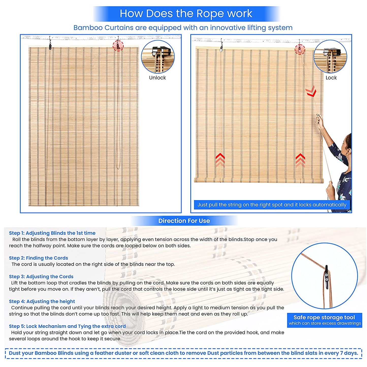 ABOUT SPACE Bamboo Curtains - W 4 ft x H 6 ft - Rope Mechanism Roll Up Down Bamboo Shade