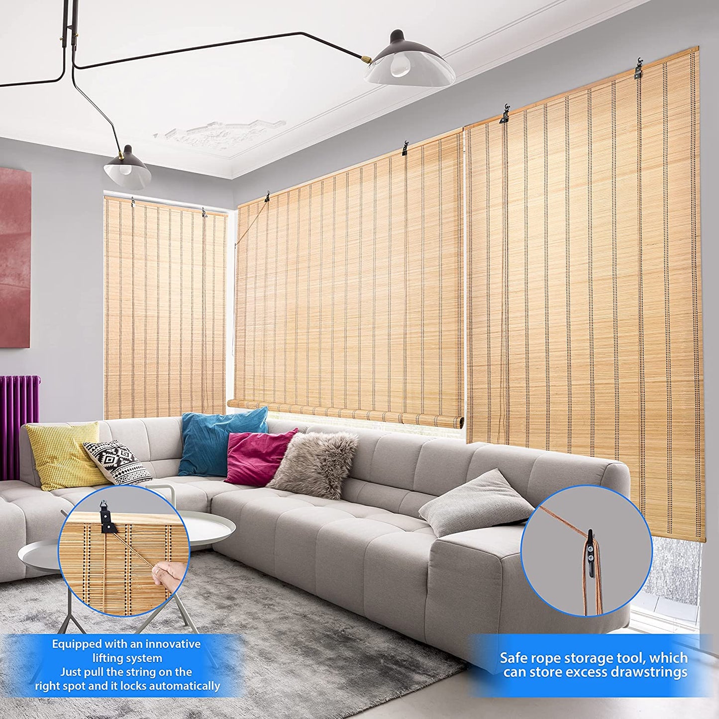 ABOUT SPACE 2 Pcs Bamboo Curtains - W 3 ft x H 6 ft - Rope Mechanism Roll Up Down Bamboo Shade for Sunlight, Dust Protection Window Chick Blinds for Balcony, Restaurant, Dhaba, Hotel, Resort