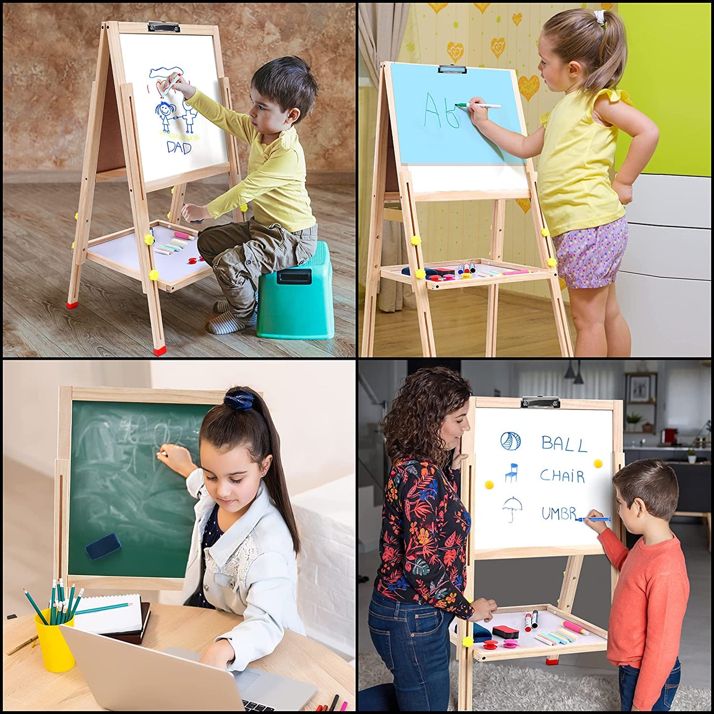 ABOUT SPACE Kids Writing Board - Portable Double Sided Wooden Easel Whiteboard & Chalkboard