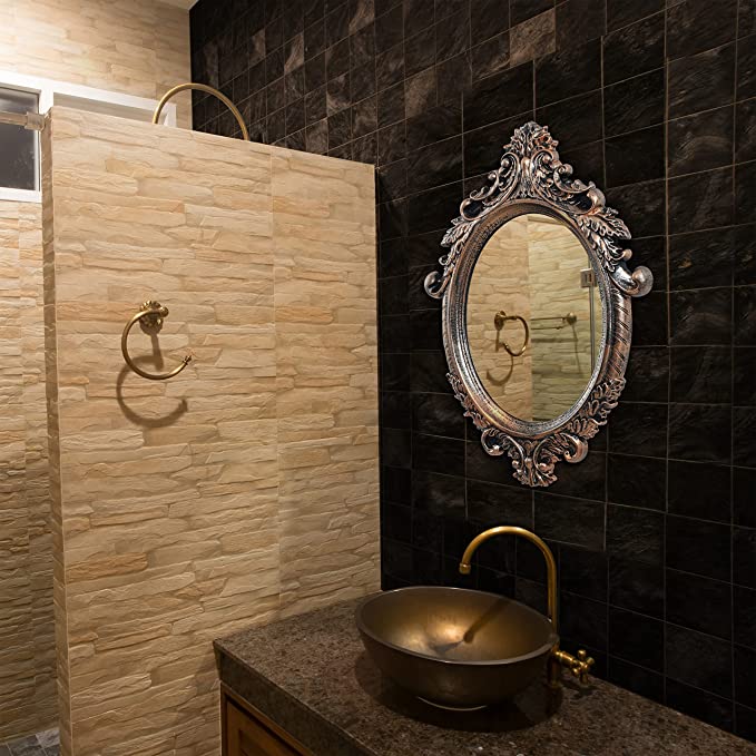 ABOUT SPACE Antique Wall Mirror - Ornate Elliptical Design With Compressed Wooden Frame Vintage Wall Mount Mirror Makeup Elegant Hanging Glass Living Room Bedroom Bathroom Basin Home Decor (64x46 cm)