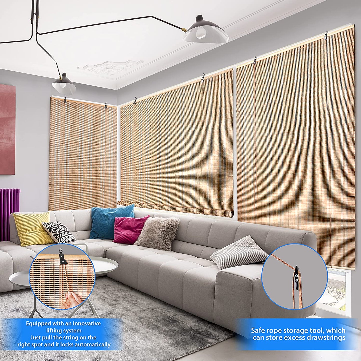 ABOUT SPACE Bamboo Curtains - W 4 ft x H 6 ft - Rope Mechanism Roll Up Down Bamboo Shade