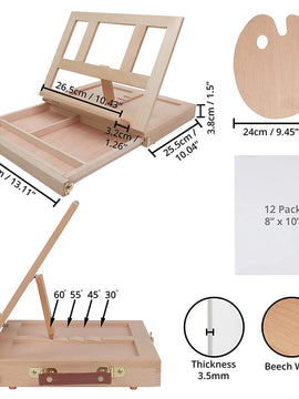 Table-Top Beech Wood Easel, Canvas, Palette and Brush (Set of 26)