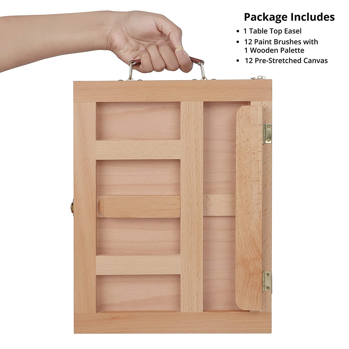 ABOUT SPACE Table Top Easel - Portable Desktop Beech Wood Easel With Adjustable Storage Box Painting Set (1 Paint Palette, 12 Paint Brushes, 12 Canvas Panels)