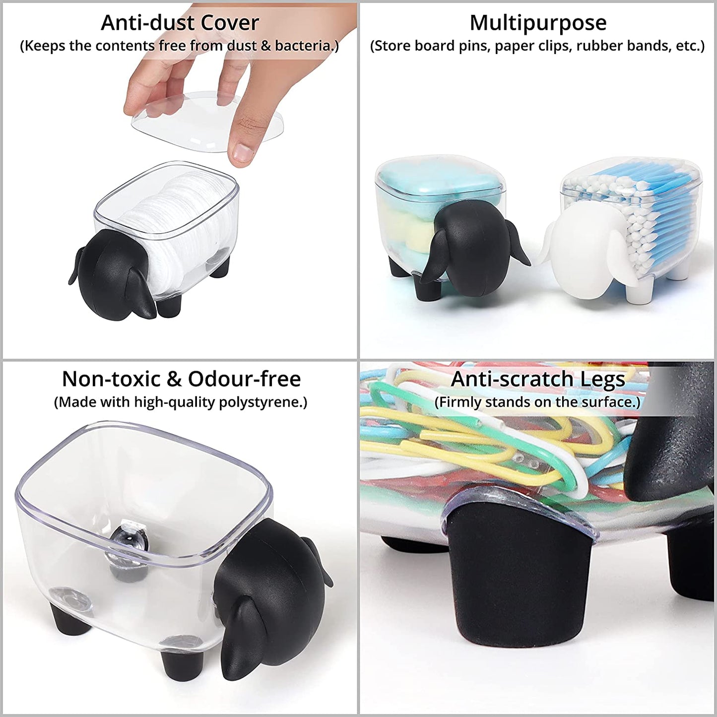 ABOUT SPACE Sheep Shape Acrylic Cotton Swab Display Storage Organizer - Pack of 2 - Black and White- 13 x 7.5 cm