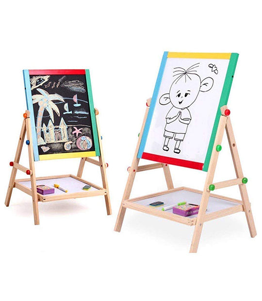 ABOUT SPACE Magnetic Black and White Board with Marker, Duster & Chalk | Portable & Adjustable Kids Board with Stand | Double Sided Wooden Easel for Drawing & Writing | (37 x 43 cm) 1 Pc