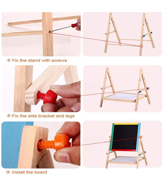 ABOUT SPACE Magnetic Black and White Board with Marker, Duster & Chalk | Portable & Adjustable Kids Board with Stand | Double Sided Wooden Easel for Drawing & Writing | (37 x 43 cm) 1 Pc