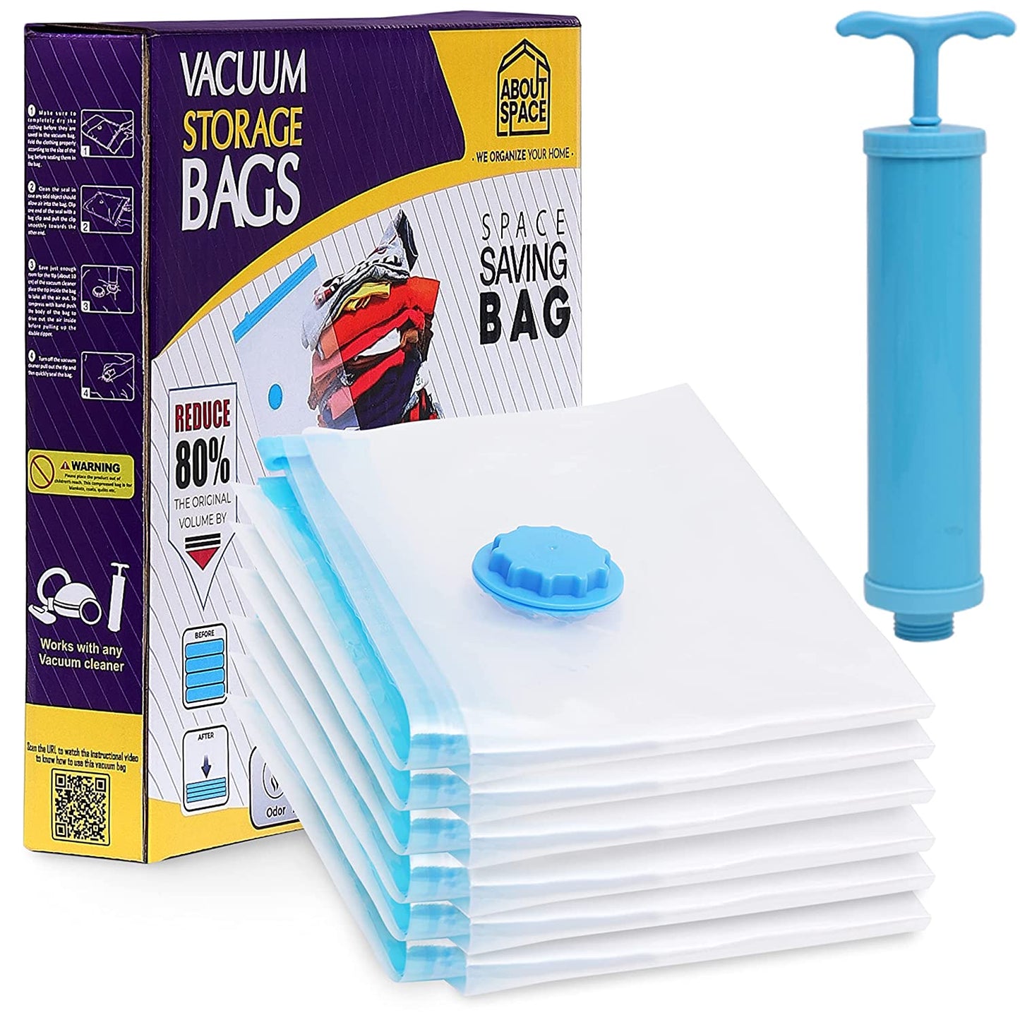 ABOUT SPACE Vacuum Bags for Clothes with Pump - (6 Pcs) Reusable Vacuum Storage Bags with Ziplock