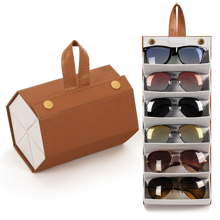 ABOUT SPACE Sunglasses Organizer Box - 6 Slots PU Leather Portable Lightweight Sunglass Holder with Hanging Strap and Button Closure,Specs Case Box for Women, Men Travel (Brown - L 16 x B 12.5 x H 11 cm)