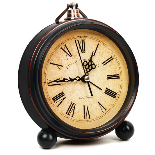 ABOUT SPACE Vintage Alarm Clock Round Silent Analog Table Clock Non-Ticking with Roman Numerals, Hanging Hook - Metal (Battery not Included)