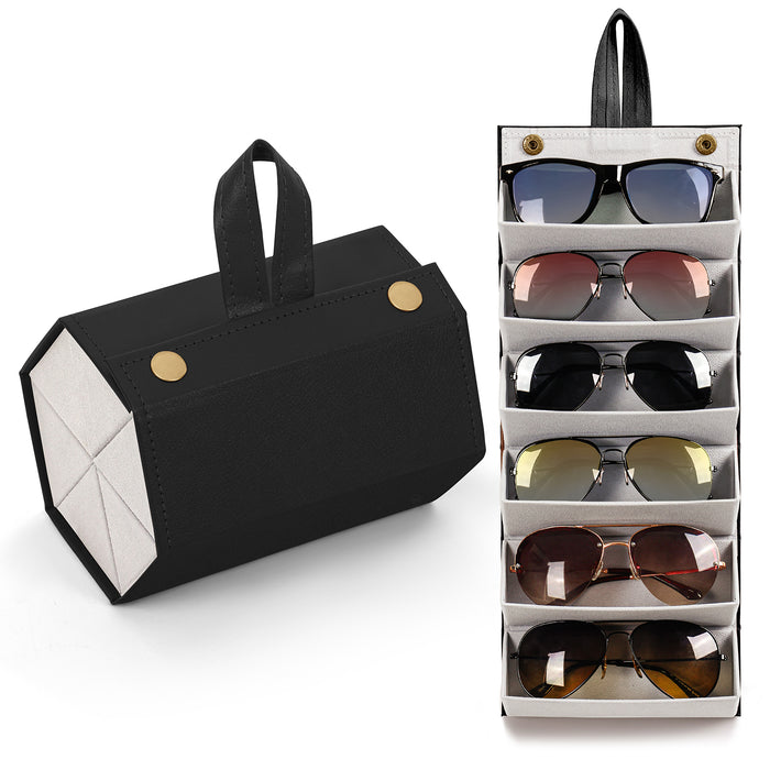 ABOUT SPACE Sunglasses Organizer Box - 6 Slots PU Leather Portable Lightweight Sunglass Holder with Hanging Strap and Button Closure, Specs Case Box for Women, Men Travel (Black - L 16 x B 12.5 x H 11 cm)