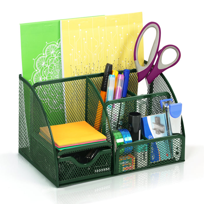 ABOUT SPACE 6 Compartments Metal Mesh Desk Organizer with Drawer - Table Top Stationery Organizer for Office, School & Home - Desk Organizer Pen Stand (L 22 X B 14 X H 13 cm - Green)