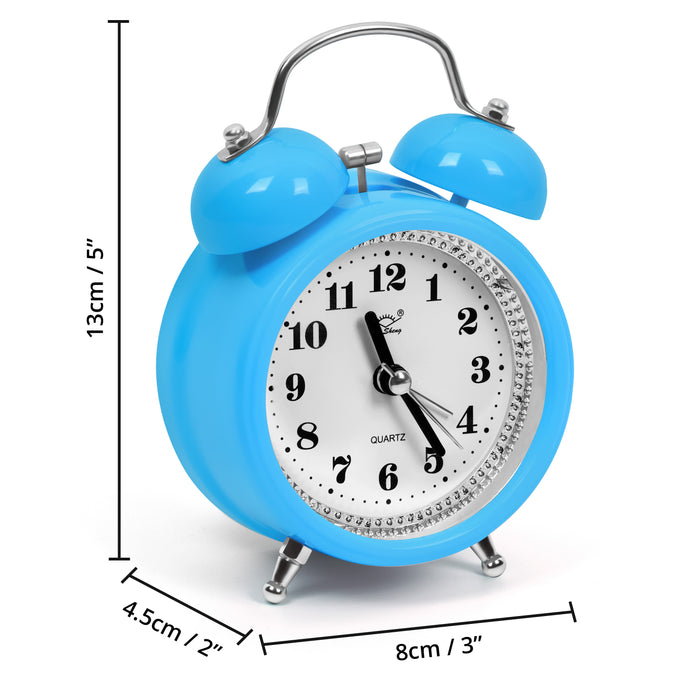 ABOUT SPACE Twin Bell Alarm Clock Round Silent Analog Desk/Table Clock Non-Ticking with Night Light- Battery Powered Simple Design for Home Office Students Kids Bedroom - Blue (Battery not Included)