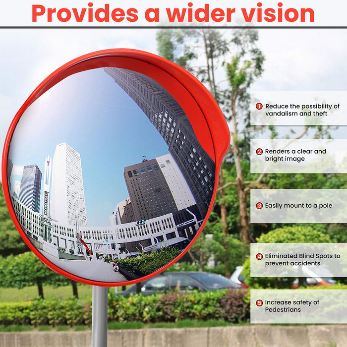 ABOUT SPACE Convex Mirror - Outdoor Road Safety Traffic Mirror for Poles Lightweight Shatter-Free Wide Angle View Parking, Driveway Curved Security Mirror with Mounting Brackets & Screws (Red) - 60 cm L x 60 cm H