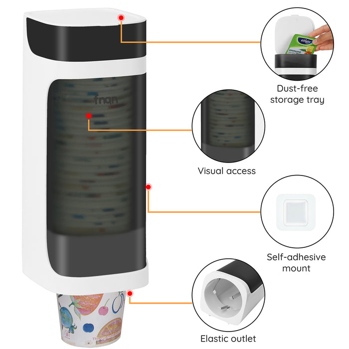 ABOUT SPACE Cup Dispenser - Self Adhesive Wall Mount Cup Holder Holds Upto 35 Cups - Can Use Disposable Plastic, Paper Cups with Tea, Coffee Sugar Bags Storage for Home, Office, Hospital (L 9.5 x B 9.5 x H 23 cm)