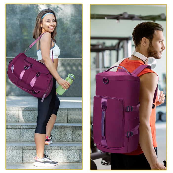ABOUT SPACE Gym Bag - 3 in 1 Duffel Bag for Men, Women Luggage Bag, Multiple Compartment Lightweight Travel Bag with Shoe Compartment, Back Panel & Dry Wet Separation (Purple - L 26 x B 18 x H 46 cm)