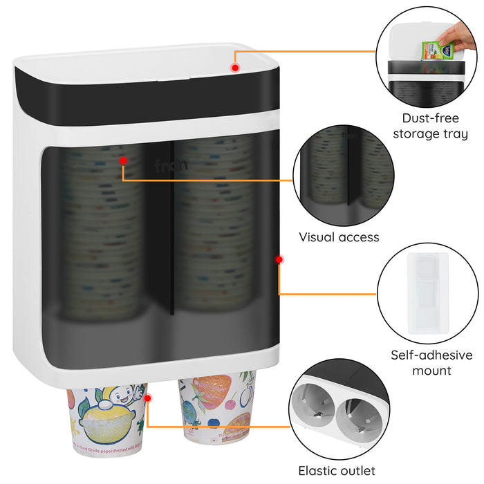 ABOUT SPACE Paper Cup Dispenser - Self Adhesive Wall Mount Double Cup Holder for Disposable Plastic,Paper Cups with Tea,Coffee Bags Storage for Office,Hospital (Upto 70 Cups -L 18.5 x B 10 x H 23 cm)