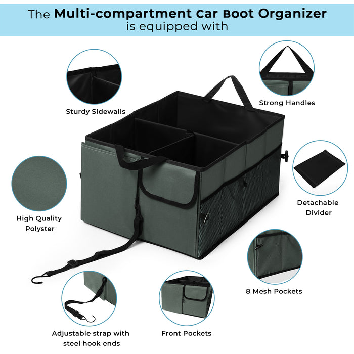 ABOUT SPACE Car Trunk Organizer - Car Boot Organizer Collapsible with Removable Divider, Metal Hook Adjustable Strap Side Pockets & Mesh Pockets for Car Travel Backseat Storage (L 57 x B 43 x H 27 cm)