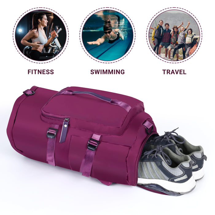 ABOUT SPACE Gym Bag - 3 in 1 Duffel Bag for Men, Women Luggage Bag, Multiple Compartment Lightweight Travel Bag with Shoe Compartment, Back Panel & Dry Wet Separation (Purple - L 26 x B 18 x H 46 cm)